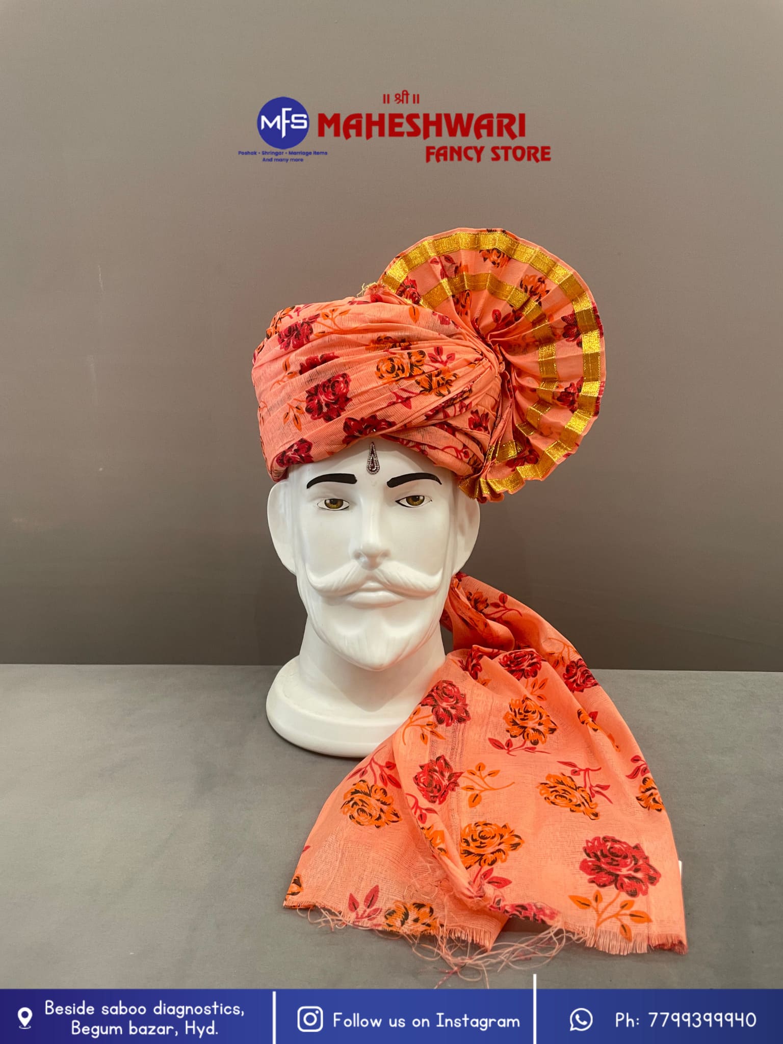 Digital Peach Barati Pagdi Fabric